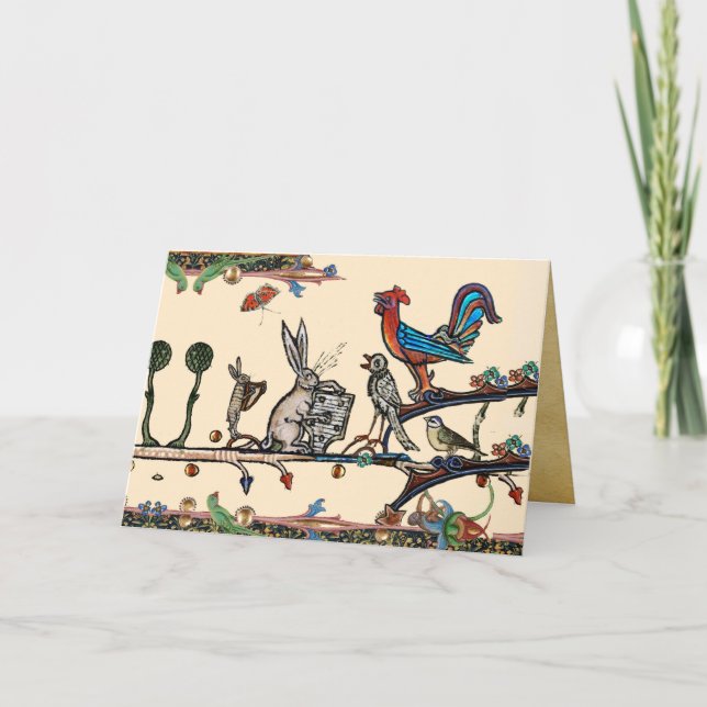 Cartão De Festividades MÚSICA DE FAZER MÉDIO-ESTRANHO, Rabbit, Aves (Frente)