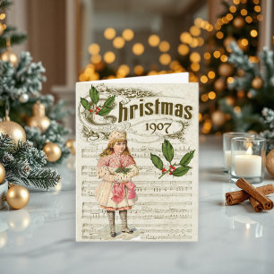 Cartão De Festividades Música de Folha de Natal Antigo 1907 Garota Noel