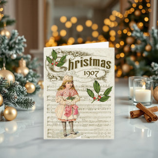 Cartão De Festividades Música de Folha de Natal Antigo 1907 Garota Noel