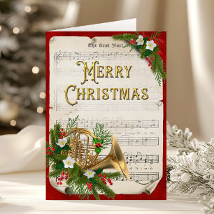 Cartão De Festividades Música em Folha de Natal em Horn