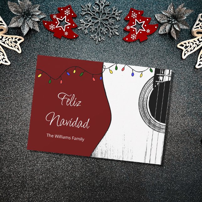 Cartão De Festividades Musical Christmas Feliz Navidad Festivo Guitar Red (Criador carregado)