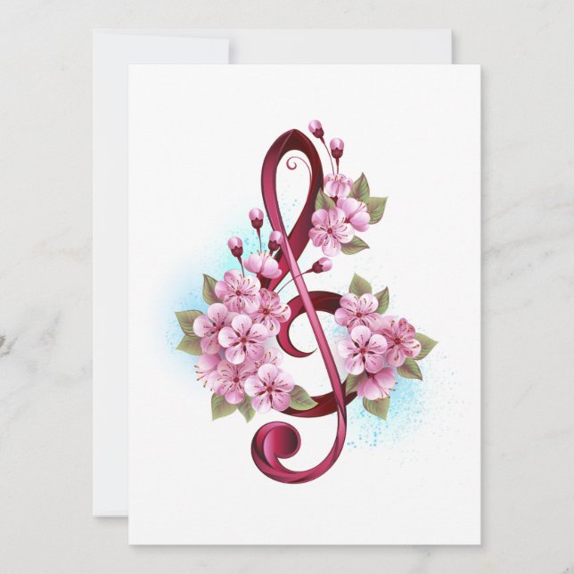 Cartão De Festividades Musical treble clef notes with Sakura flowers (Frente)
