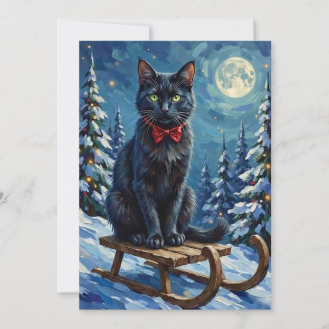 Cartão De Festividades Mystical Black Cat Enchanted Winter Sled Christmas (Frente)