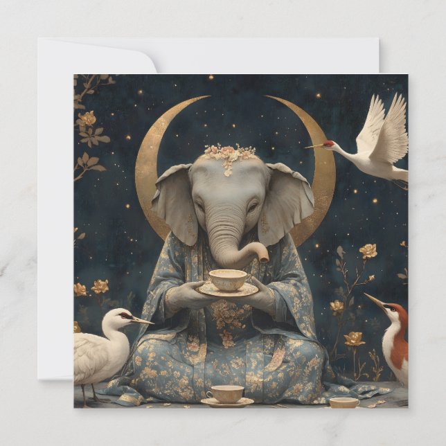 Cartão De Festividades Mystical Elephant Tea Party Sob Lua Crescente (Frente)