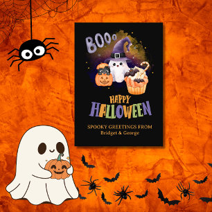 Cartão De Festividades Mystico Fantasma Preto & Saudação de Halloween da 