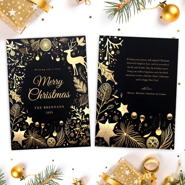 Cartão De Festividades Na moda Festivo Festivo Festivo Natal Dourado (Black Gold Stylish Festive Merry Christmas Holiday Card)