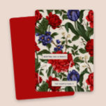 Cartão De Festividades Na moda Red BotanicalFloral Feliz Script de Natal<br><div class="desc">Belo vintage parece um cartão verde floral impressão de Natal que contém flores botânicas azuis e vermelhas na moda bonito com folhas verdes sobre fundo esticado, e inclui uma vibrante parte vermelha do cartão. Uma simples saudação de Natal com um roteiro elegante e seu nome personalizado completa este cartão festivo....</div>