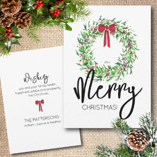 Cartão De Festividades Na moda Watercolor Merry Christmas Wreath No-Photo