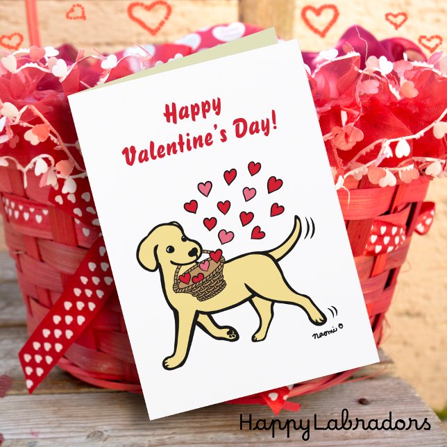 Cartão De Festividades Namorados Amarelo do Carregando Labrador (Yellow Labrador Carrying Hearts Valentine Card for Labrador Owners.  Cute Cartoon Design.)