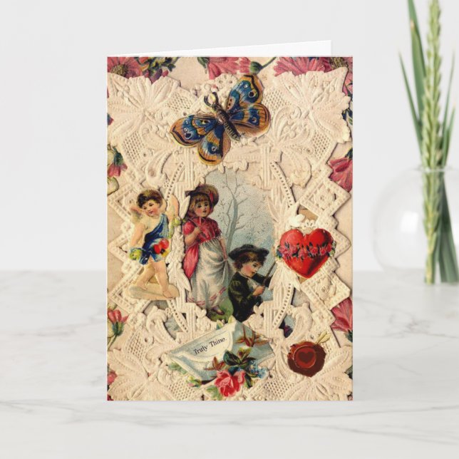 CARTÃO DE FESTIVIDADES NAMORADOS ANTICO, CUPIDO, AMANTES E MANTEIGA (Frente)