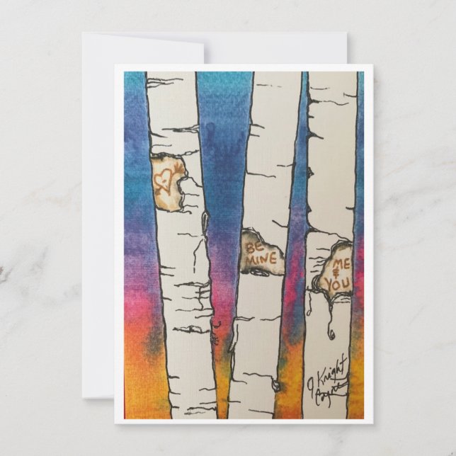 Cartão De Festividades Namorados, Árvores de Birch com Aquarela (Frente)