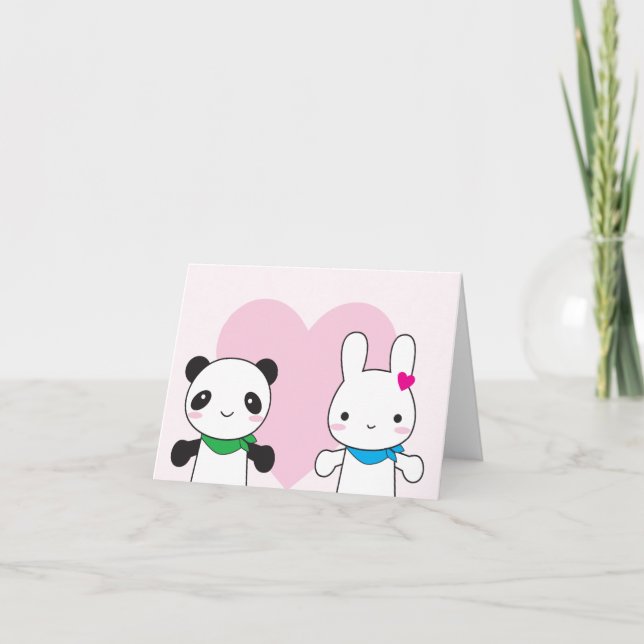 Cartão De Festividades Namorados Bunny e Panda Kawaii (Frente)