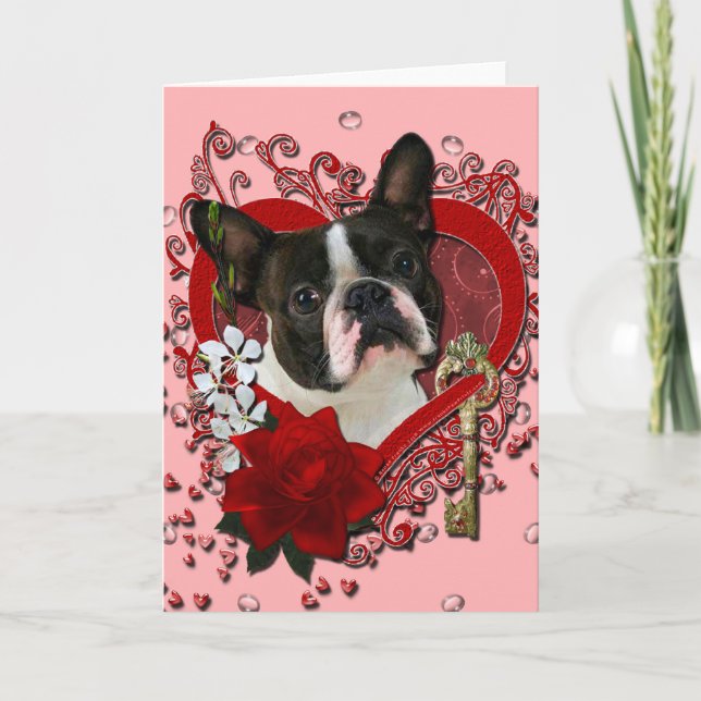 Cartão De Festividades Namorados - chave a meu coração - Boston Terrier (Frente)