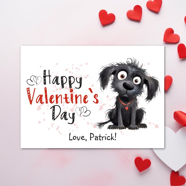 Cartão De Festividades Namorados Felizes e Bonitos (Cute Cartoon Black Puppy Happy Valentines Holiday Card - Cute Cartoon Black Puppy, Printable)