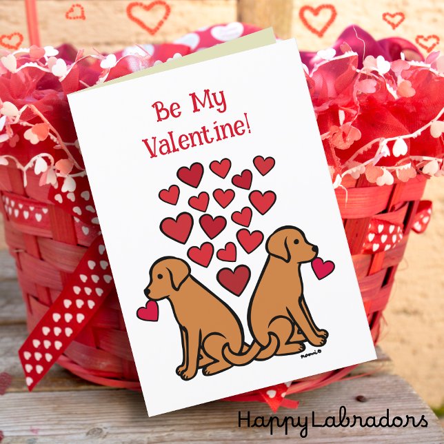 Cartão De Festividades Namorados Fox Red Labrador Duo Hearts (Two Fox Red Labradors Valentine's Card for Labrador Owners.  Sweet Cartoon design with red hearts.)