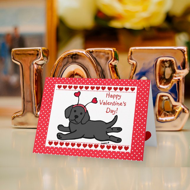 Cartão De Festividades Namorados Negra Innocente Labrador (Innocent Black Labrador Puppy Valentine's Day Card for Labrador Owners!!  Cute Cartoon Design.)