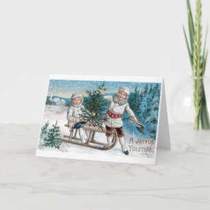 Cartão De Festividades natais vintages 030 Filhos de Placa Sled Tree Snow