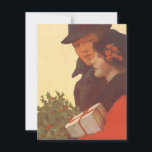 Cartão De Festividades Natais vintages, Amar e Comprar Presente Romance<br><div class="desc">Ilustração Vintage Feliz Natal,  amor e imagem romântica apresentando um casal comprando durante a corrida de Natal. São presentes envoltos por carregando e folhas sagradas com bagas vermelhas.</div>