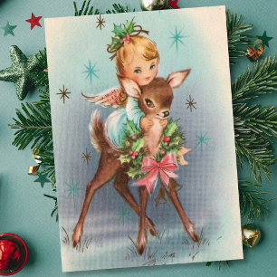 Cartão De Festividades Natais vintages Angel E Deer
