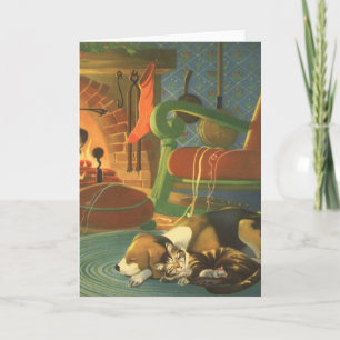 Cartão De Festividades Natais vintages, Animais Dormindo por Lareira