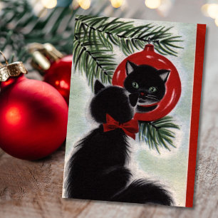 Cartão De Festividades Natais vintages Black Cat Olhando Para O Ornamento