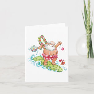 Cartão De Festividades Natais vintages Cartoon Surfing Santa Claus