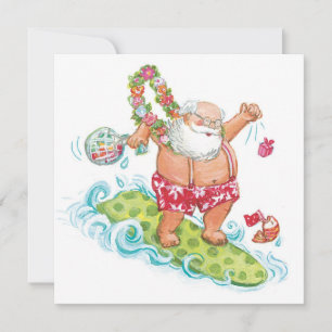 Cartão De Festividades natais vintages Cartoon Surfing Santa Claus