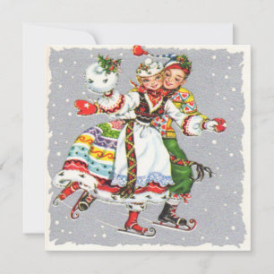 Cartão De Festividades natais vintages Casal Ice Skating