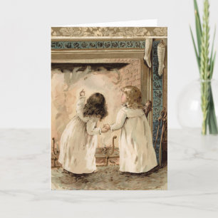 Cartão De Festividades Natais vintages Chimney Stockings Girls Vazio