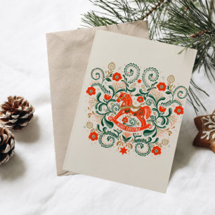 Cartão De Festividades Natais vintages com ilustração de cavalo de balanç