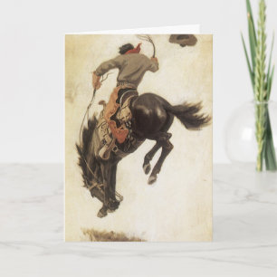 Cartão De Festividades Natais vintages, Cowboy em Bucking Bronco Horse