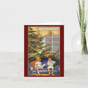 Cartão De Festividades Natais vintages, Crianças Sentadas em um sofá