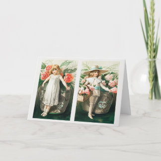 Cartão De Festividades Natais vintages de Ano Novo Meninas com flor