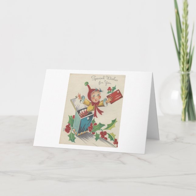 Cartão De Festividades Natais vintages Elf Em Caixa (Frente)