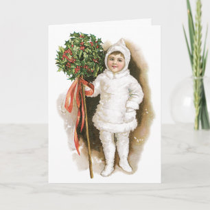Cartão De Festividades Natais vintages, Garota Vitoriana com Holly