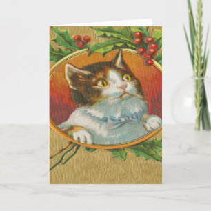 Cartão De Festividades natais vintages Gatinho Holly Berries Cute
