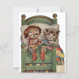 Cartão De Festividades Natais vintages, Gato E Cão Na Cama