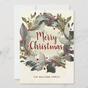 Cartão De Festividades natais vintages Green Holly Berry Wreath