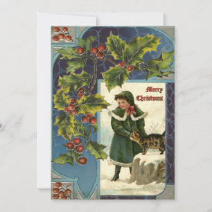 Cartão De Festividades Natais vintages Holly & Girl com Cat