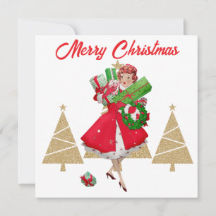 Cartão De Festividades Natais vintages Lady Gifts Red Green Dourado Tree