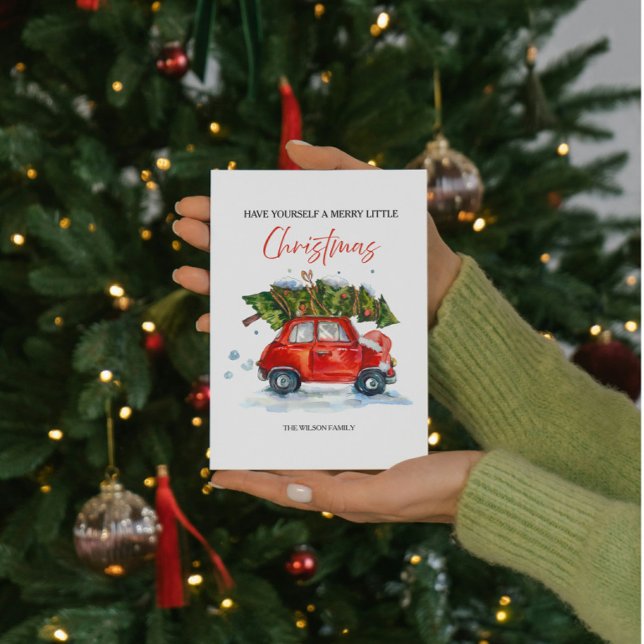Cartão De Festividades Natais vintages Red Car & Tree (Criador carregado)