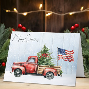 Cartão De Festividades Natais vintages Red Truck Patriotic USA Flag