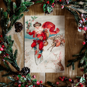Cartão De Festividades Natais vintages. Retro Papai Noel e veado
