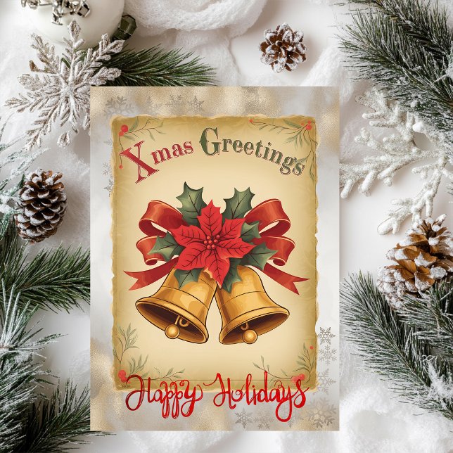 Cartão De Festividades Natais vintages Sinos Poinsettia Snowflakes (Criador carregado)