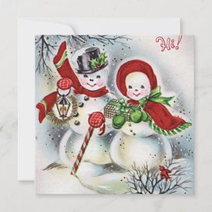 Cartão De Festividades Natais vintages Snowman Casal com presentes Holida