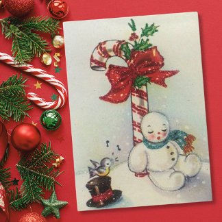 Cartão De Festividades Natais vintages Snowman Dormindo Por Candy Cane