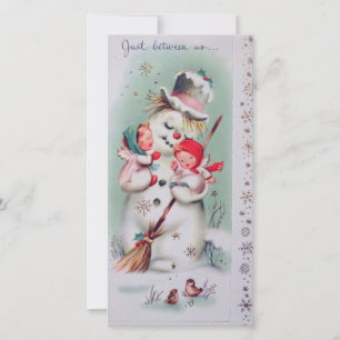 Cartão De Festividades Natais vintages Snowman segurando anjos