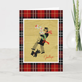 Cartão De Festividades Natais vintages Terrier Dog E Man Com Presentes