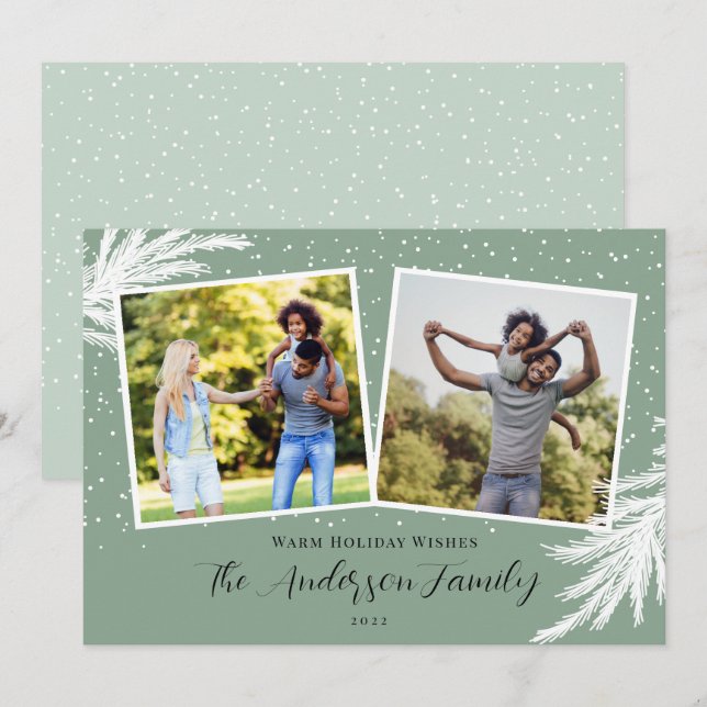 Cartão De Festividades Natal 2 Fotografias Script de Neve Verde (Frente/Verso)