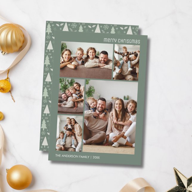 Cartão De Festividades Natal 5 Foto Collage Family Sage Green (Christmas 5 Photo Collage Family Sage Green Holiday Card)